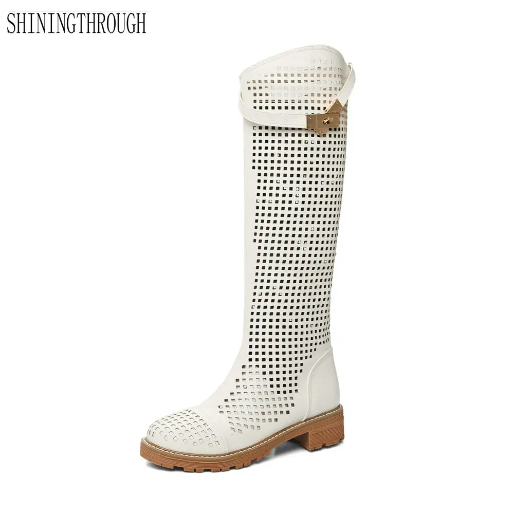 

New fashion women knee high boots cut-outs summer boots low heels boots woman large size 34-43