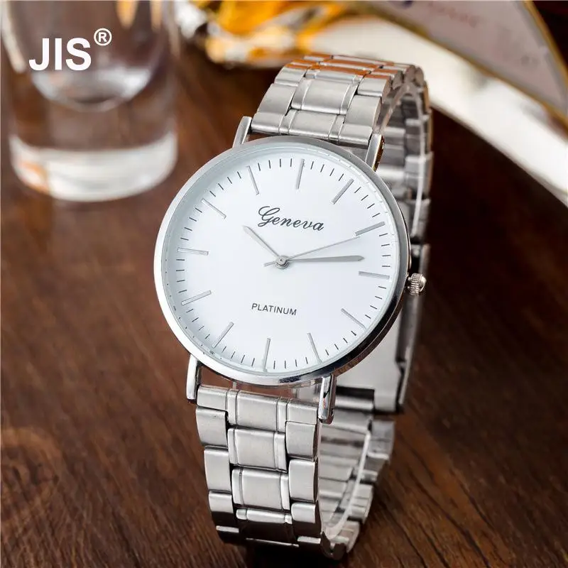 Classic Geneva Full Stainless Silver Waterproof Dress Quartz Wristwatch
