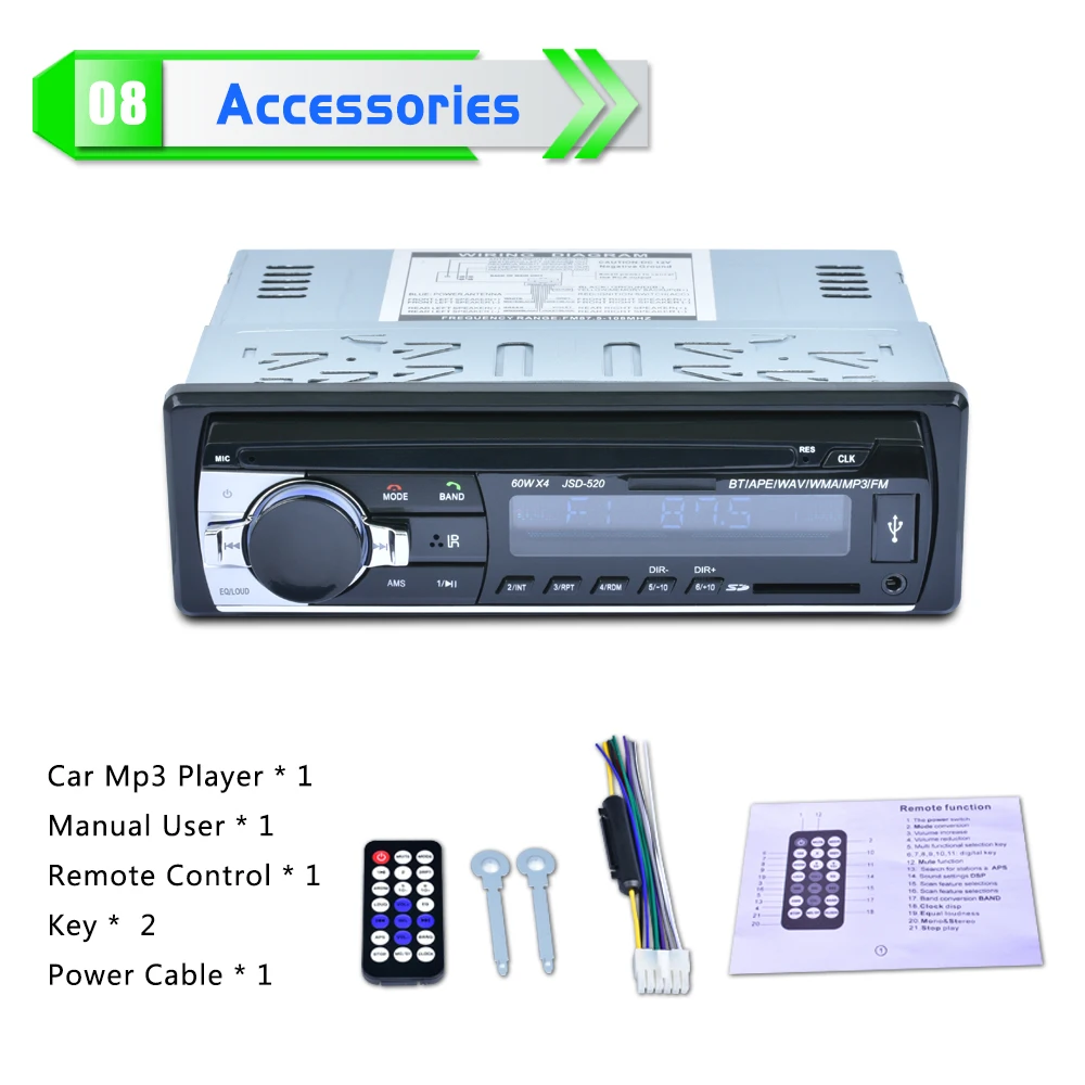 JSD-520A long Car Bluetooth MP3 player support hands free BT Call bluetooth music playback AUX Input 4 Ways Speaker Output