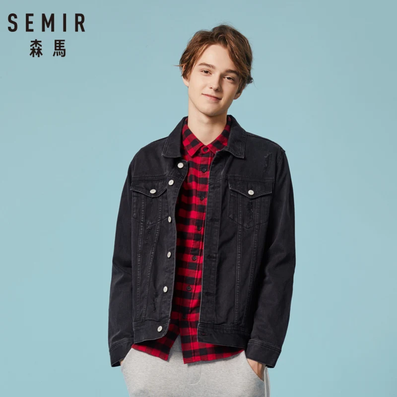 

SEMIR Men 100% Cotton Print Denim Jacket with Destruction Men's Washed Denim Jacket with Collar with Chest and Slant Pocket