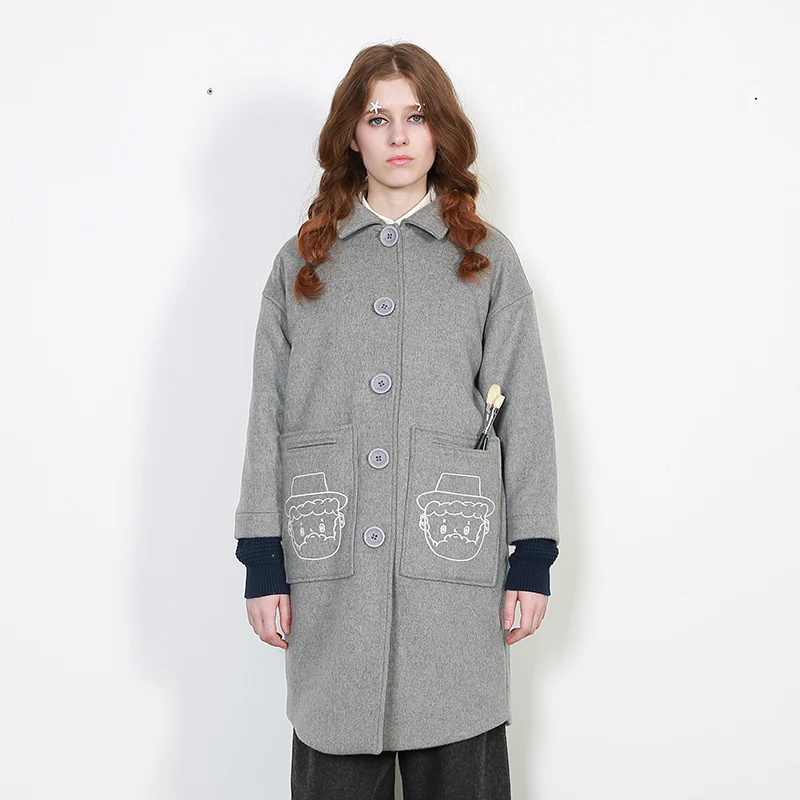 Dames Bande Gris Broderie Femme Nouveau Laine Manteau Mélanges Dessinée Femmes 2017 Pour De Mode Long Coréenne Printemps RTOBwUq