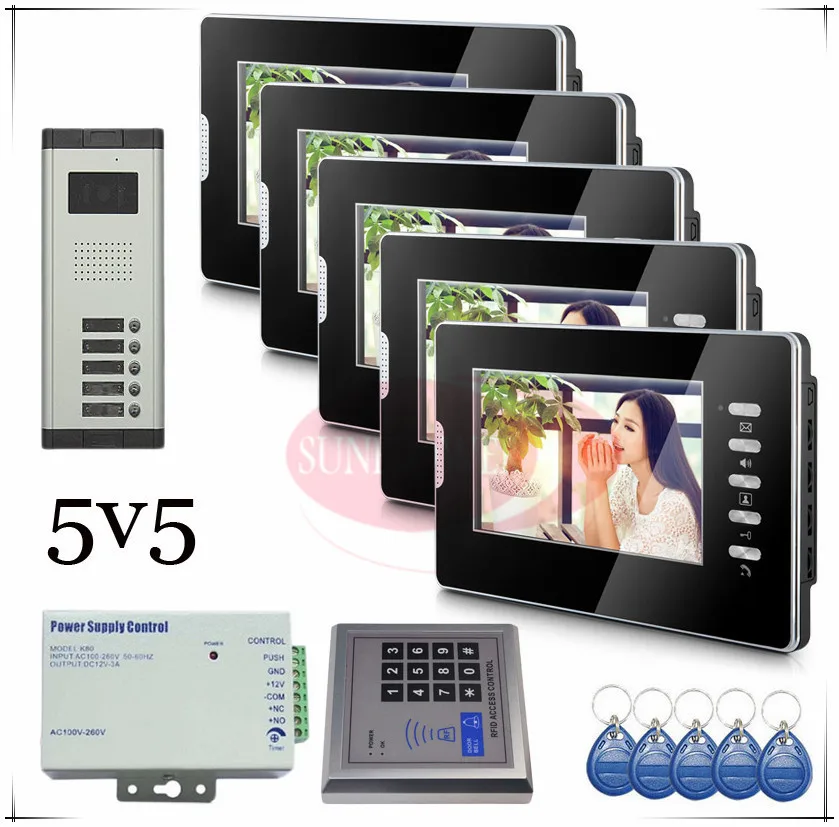 

Brand new Wired 7" Video Door Phone Intercom Doorbell System 5 Monitor 5 buttons outdoor unit for 5 apartments Drop shipping