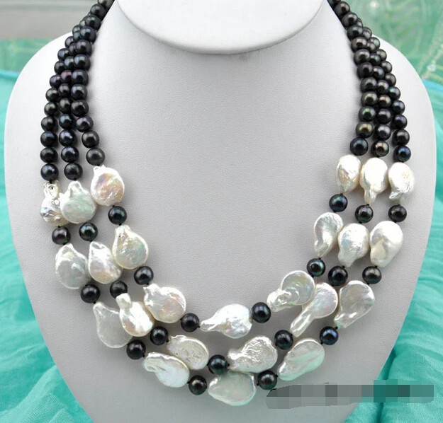 

shipping 3row 22" 22mm black baroque 8mm round white freshwater pearl necklace