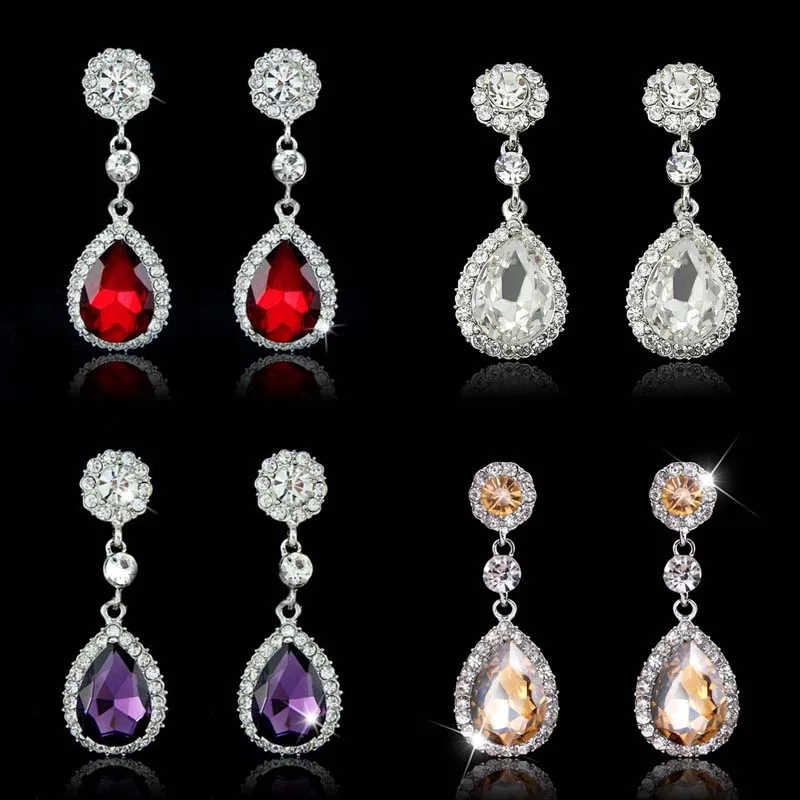 Luxury Crytsal Rhinestone Teardrop Wedding Bridal Diamond Dangle Stud Earrings