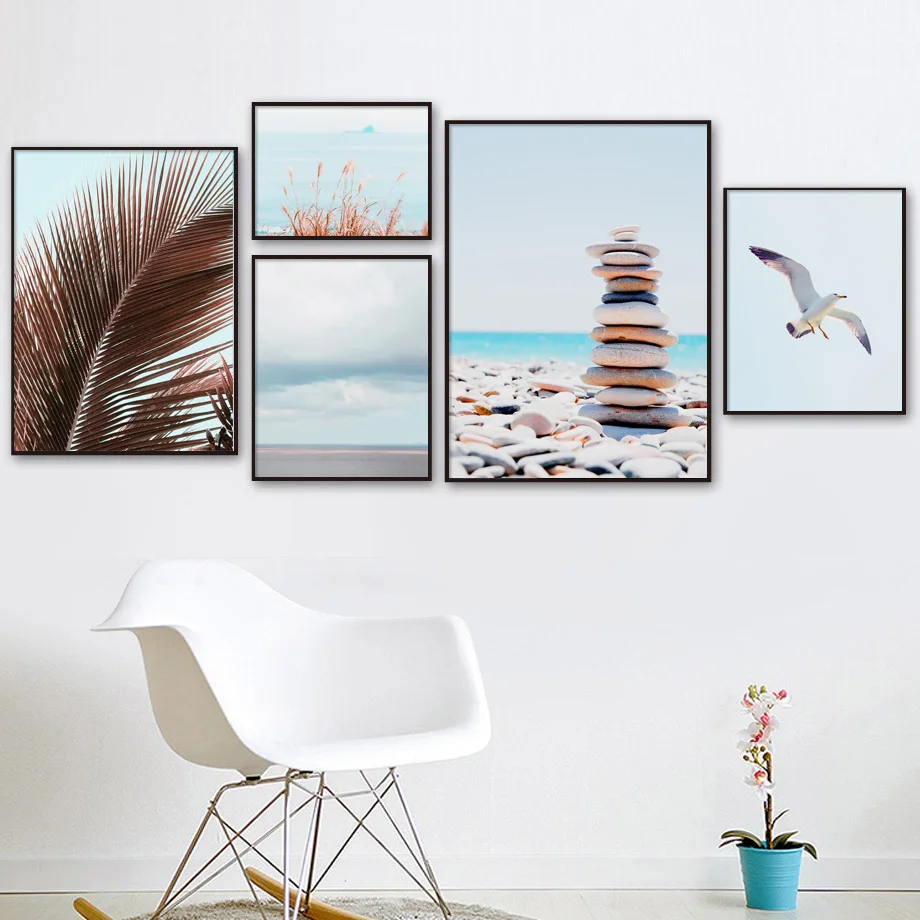 Пальмовых листьев морской пляж Чайка камень Настенная картина с ландшафтом Холст Плакаты с живописью и отпечатки Стены картинки для