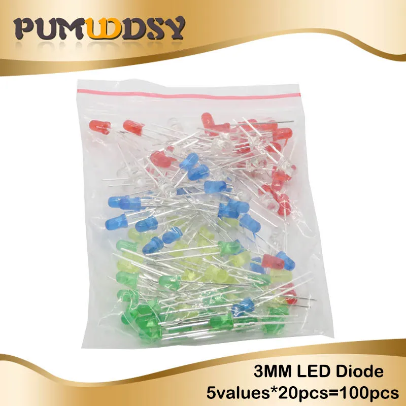 

5Colors*20PCS=100PCS 3mm LED diode Light Assorted Kit White Yellow Red Green Blue component DIY kit new original
