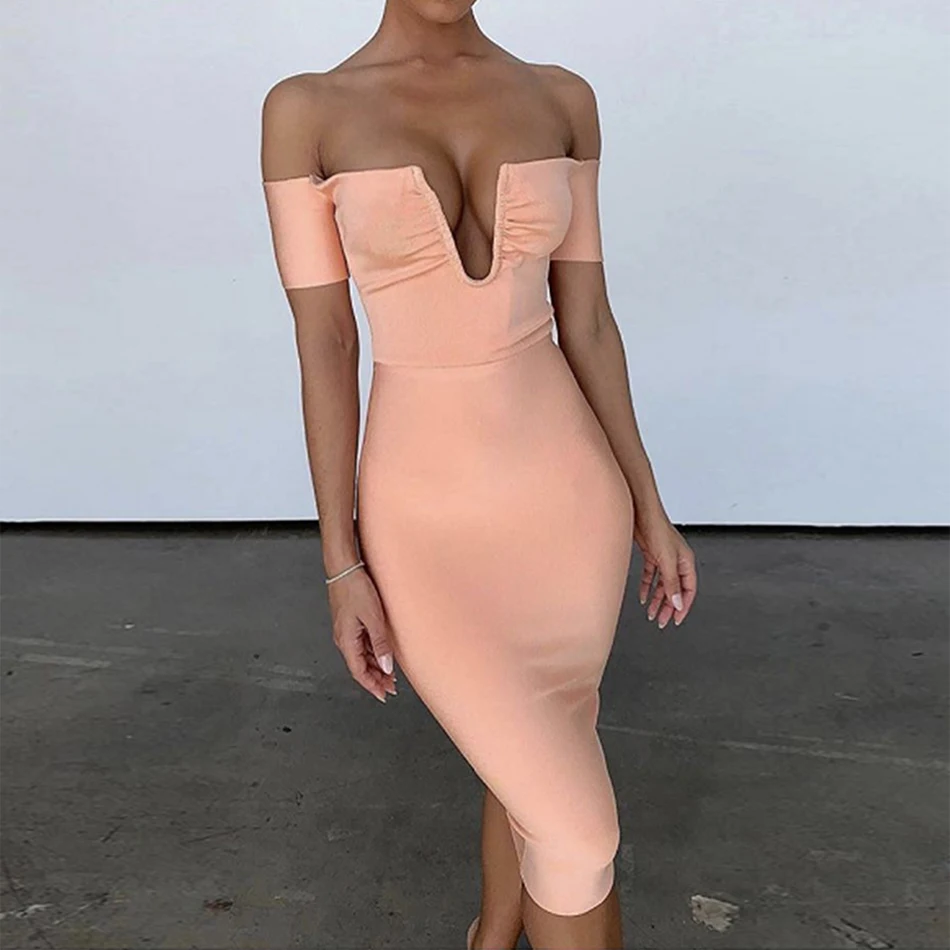 

Seamyla New Arrival Bandage Dress Women Sexy Off The Shoulder Bodycon Celebrity Party Dresses Vestidos Pink Midi Summer Dress