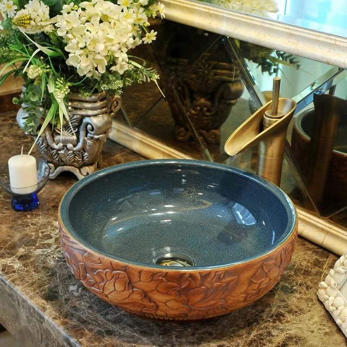 New Arrival! Artistic Round Washbasin Ceramic Coutertop Bathroom Sink vintage wash basin (4)