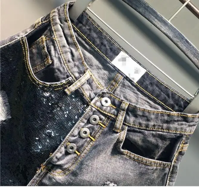 Большие размеры 5XL! летние модные джинсовые шорты с блестками и дырками женские свободные широкие джинсовые шорты с высокой талией