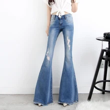 Новые модные длинные джинсы брюки для женщин расклешенные брюки плюс размер 24-32 джинсовые летние джинсы с дырками кисточки