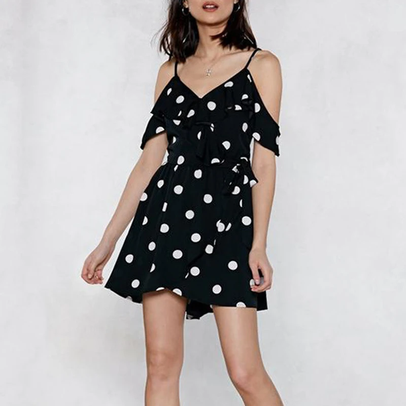 

Summer Women's Casual Dress Boho Cold Shoulder V Neck Polka Dot Short Sleeve Mini Sundress Vacation Vestidos Streetwear