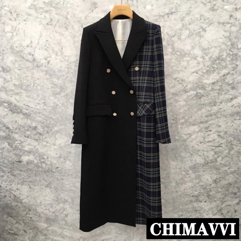 

2019 New Korean Spring and Autumn Plaid Splice Small Suit Jacket Women Retro Long Blazer Coat Double-breasted Trench Outwear
