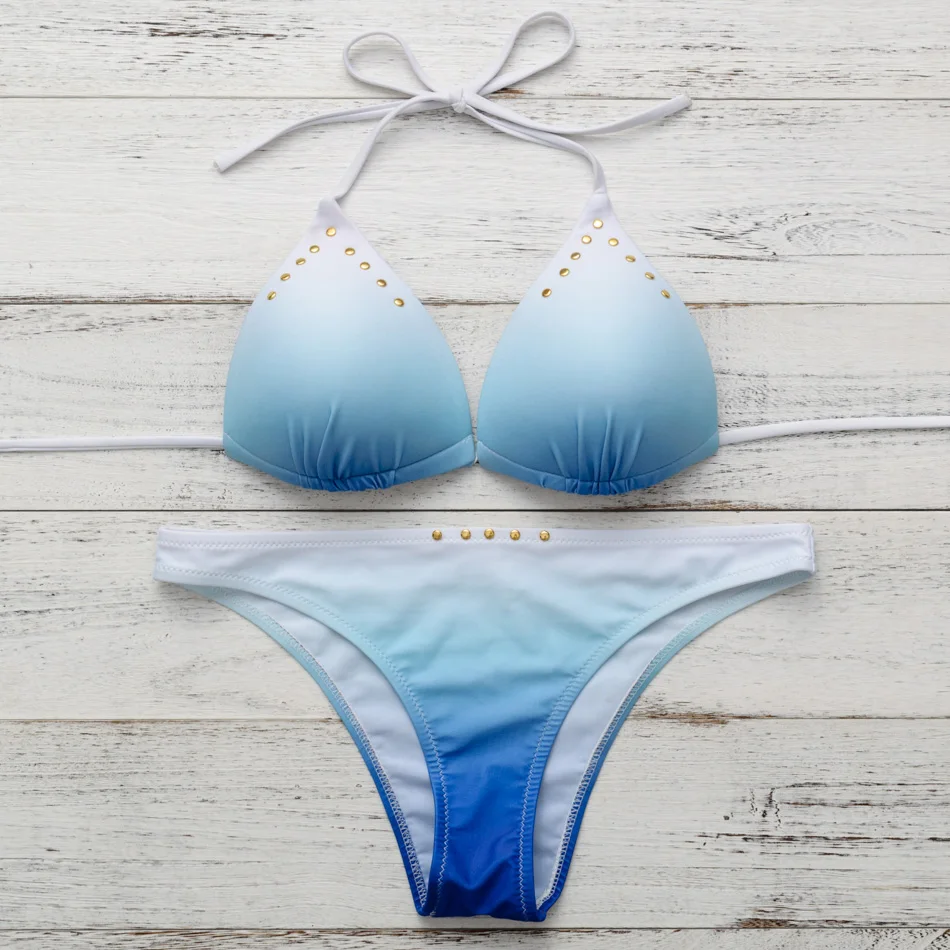 

Golden Stud Bikini Set DIY Rivet Bathing Suits 2017 Women Gradient Blue Swimming Wear Brazilian Beach Mayo modelleri New XL