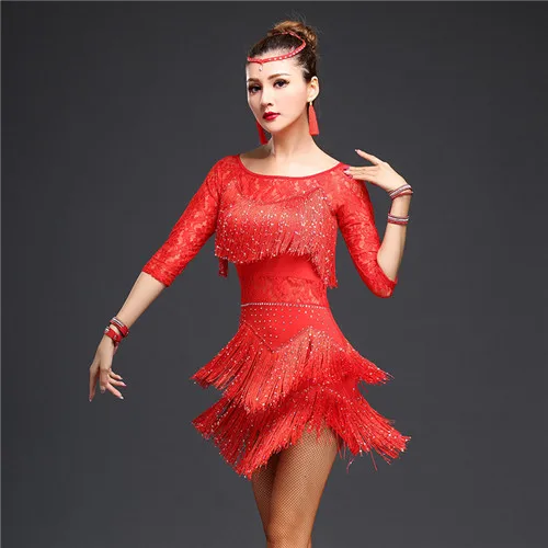 Latin Dance Dresses Women/Girls Sexy Sequin Fringe Skirt Ballroom/Tango/Salsa/Rumba/Latin Dresses Clothes For Sale Red Long Sleeve
