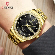CHENXI Luxury Men Gold Watches Golden Stainless Steel Waterproof Male Business Watch Calendar Week Quartz Men's Dress Wristwatch natate women business fashion luxury brand chenxi female watch intermetallic gold stainless steel quartz waterproof watch 0140