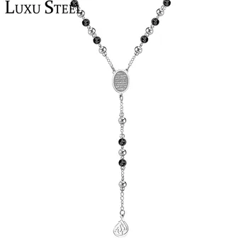

LUXUSTEEL Allah Muslim Arabic Printed Pendant Necklace Stainless Steel Long 66cm+10cm Mixed Black Beaded Link Chains
