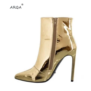 

ARQA Women Boots Fashion Platform punk high thin heels Ankle boots Plus Size33-48 Autumn Winter Zip Silver Casual Party shoes
