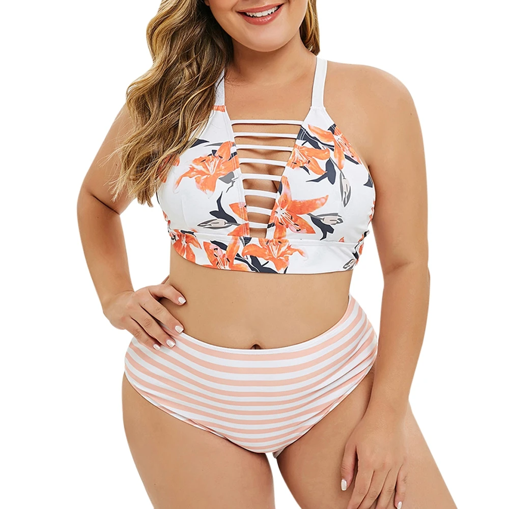 

Floral Print Front Criss Cross Push Up High Waist Bikini Sets Women Strappy Two Pieces Swimsuits 2019 Plus Size Sexy Swimwear