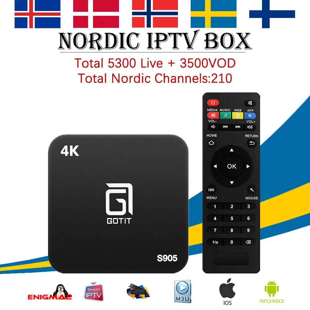 

Best Gotit S905 Android TV Box with 1 Year 4700+Arabic European Scandinavia Nordic IPTV Live & VOD free smart tv set top box