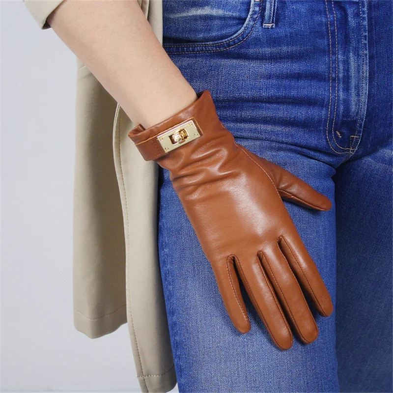 Women'S Touch Screen Leather Gloves Imported Goatskin Light Brown Female Gold Button Style TB47