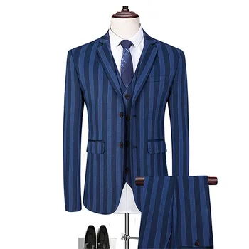 

Men British wind striped slim suit 3 piece set (coat + vest + pants) business gentleman high-end custom 6XL fashion male blazer