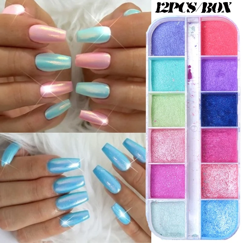 

12 Grids Chrome Nail Powder Dipping Shimmer Dust Colorful Pigment Powder Rubbing Pearl Glitter For Nail Art Decorations
