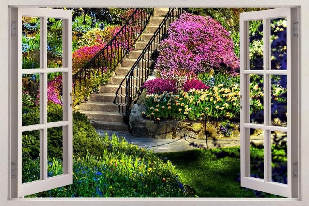 

Free Shipping 3D Effect Window View Garden Fake Windows Wall Stickers Removable Faux Windows Wall Decal