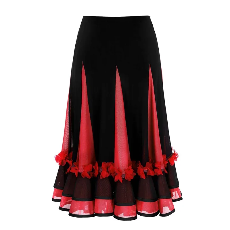 Женская элегантная юбка для латинских танцев с высокой талией 3D Искусственные цветы цвета с сетчатыми вставками Пышная юбка бальное платье, для вальса танцевальная одежда для вечеринки - Цвет: Red