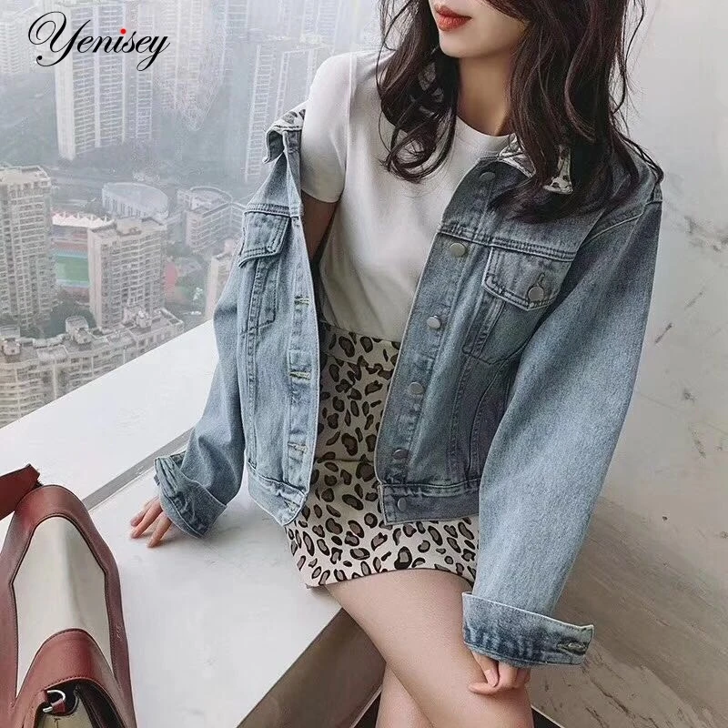

Hole Jean Jacket Womens Leopard Print Short Denim Coat 2019 Spring Fashion Long Sleeve Pokcet Slim Outwear Denim Jacket