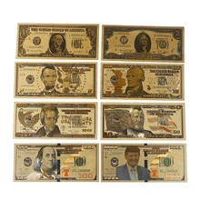 Gran oferta 8 unids/lote 8 diseño diferente dólar estadounidense oro laminada en papel aluminio billete América papel dinero para colección/billete