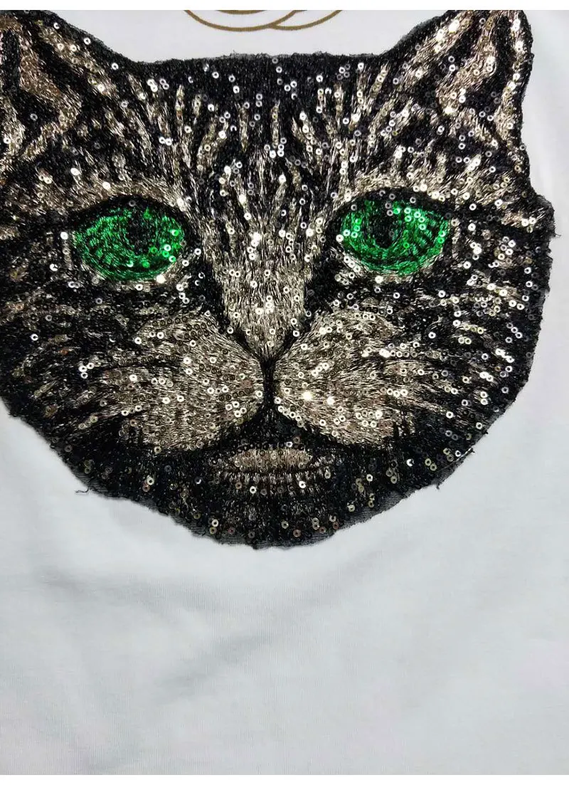 2018 فاشون الصيف عارضة المرأة سيدة قصيرة الأكمام الترتر القط تي شيرت مطبوع النساء المحملة الأعلى