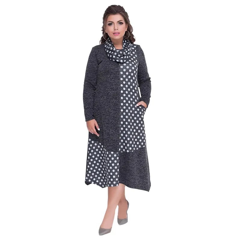 

Fashion Patchwork Wave Polka Dot Print Dress Women Elegant High Street Pockets Turtle Neck Large Size Dress Vestidos Spring 6XL