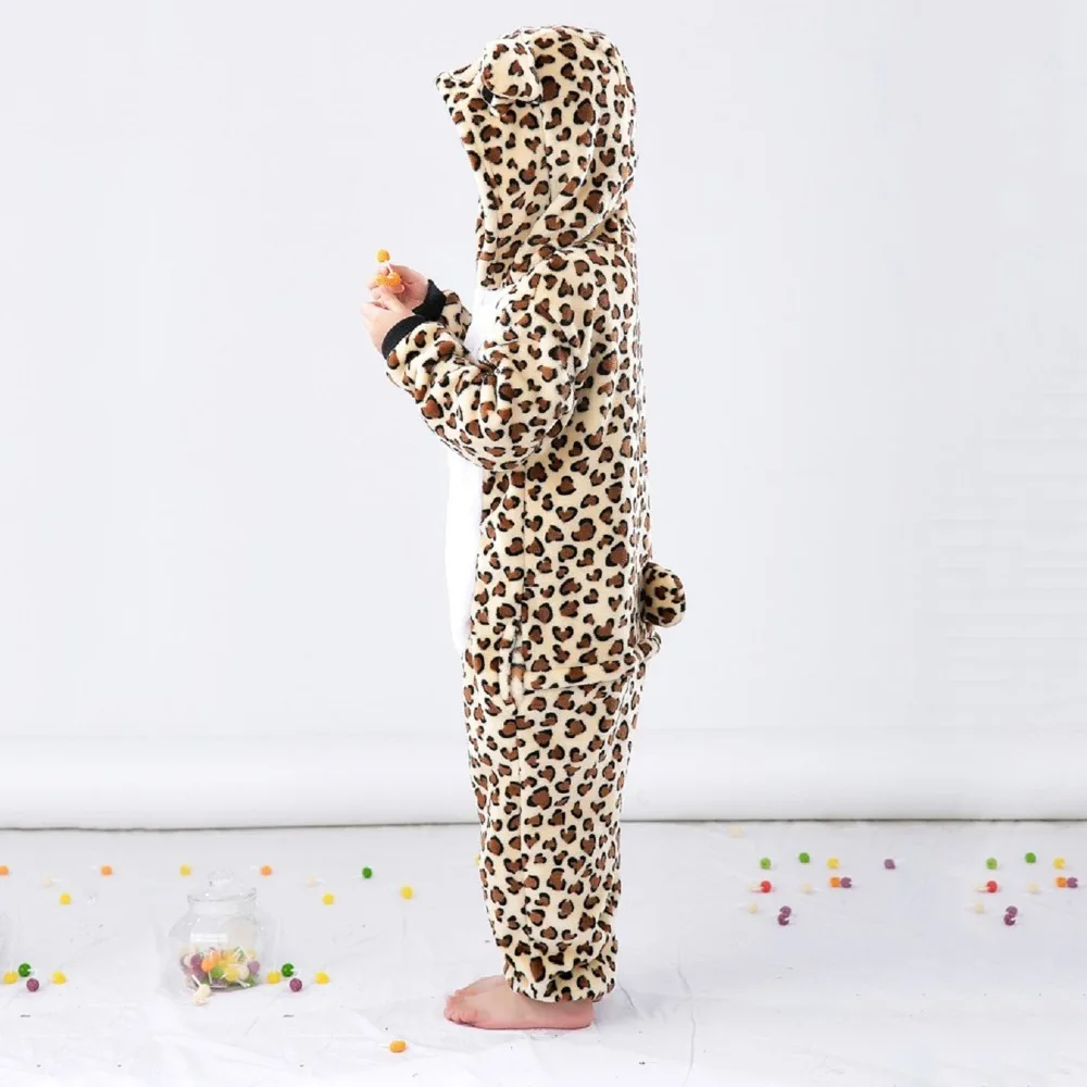 Детское костюм животное Косплэй леопарда плюшевые пижамы мультфильм милые толстовки прикрепить Тапочки в виде лап Размеры От 3 до 10 лет