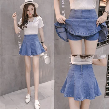 

2019 New Spring Summer Woman Korean Style High Waist Denim Skirts Shorts Mini Pleated A Line Short Skirts Harajuku Skirt Faldas