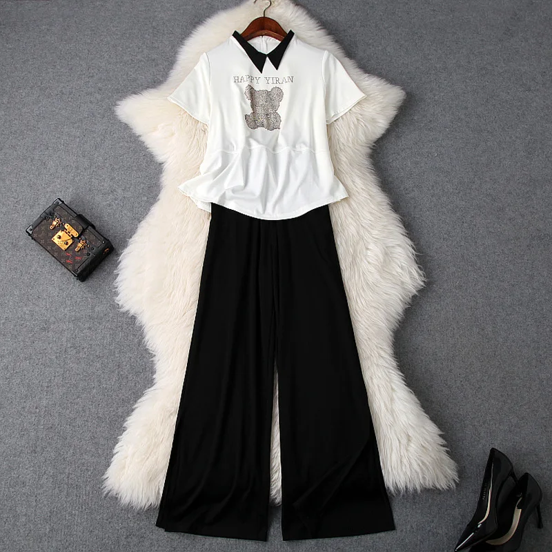 

Summer Women's Sets 2019 New Cartoon Bear Hot Fix Rhinestone Loose Top + Split Wide Leg Pants Casual Two Piece Set Female S-XL
