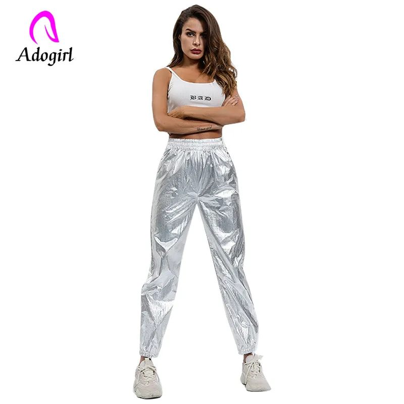 

Silver reflective material trousers bright lady pants elastic waist long length hip hop pants high street women cargo pants