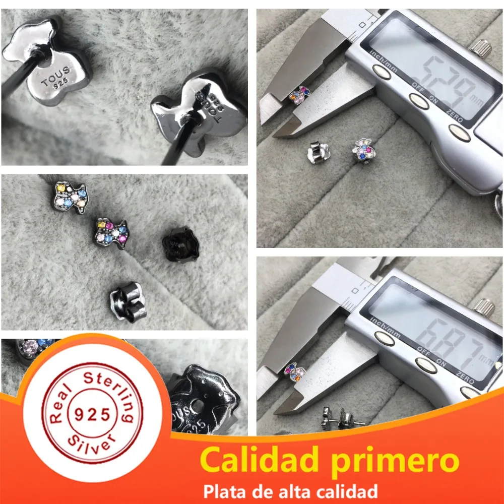 

EDELL 100% 925 Sterling Silver 1:1 Cute Bear Pierced Stud Earrings Colorful Zirconia Earrings Women's Original Jewelry 215433550