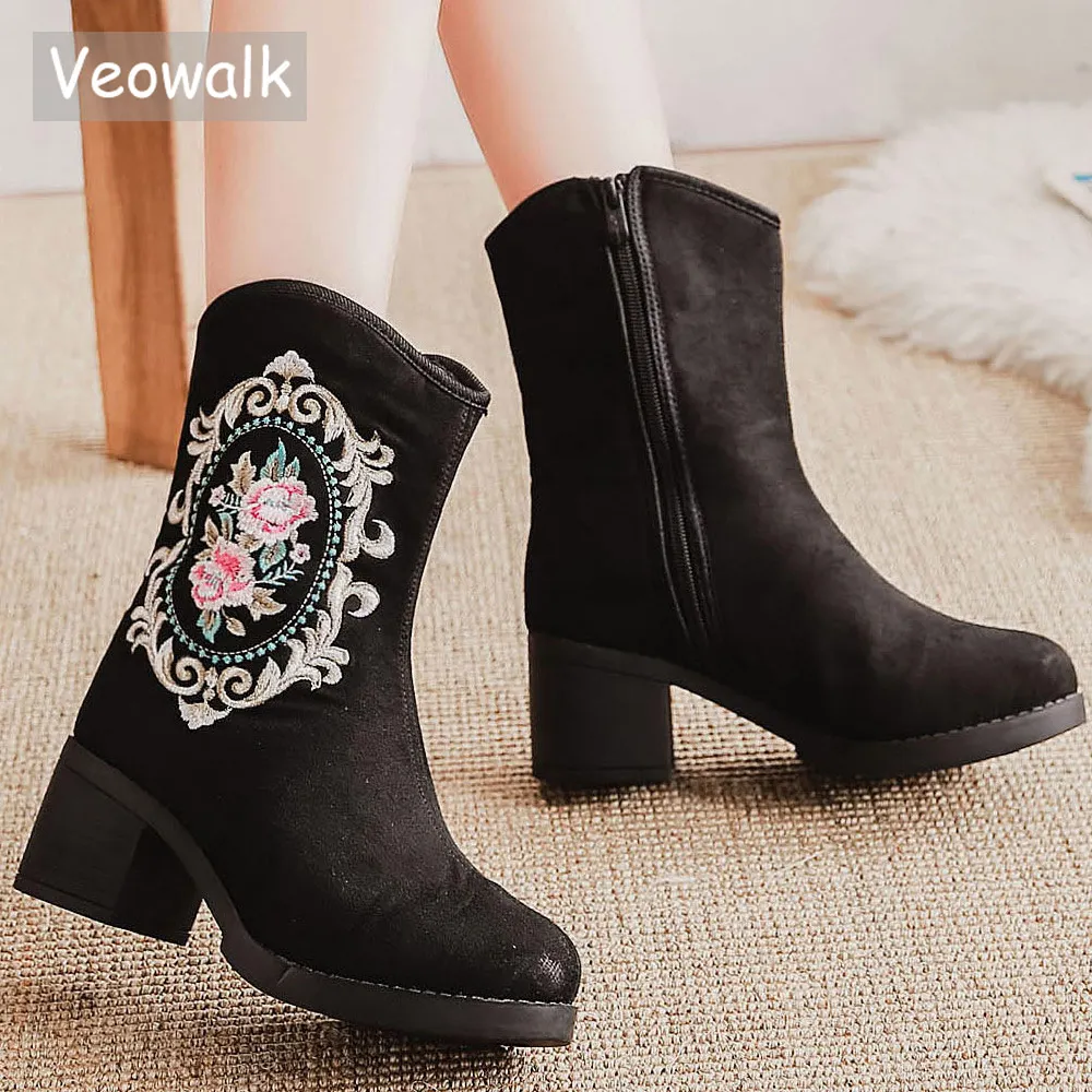 Veowalk Synthetic Suede Women Embroidered Short Ankle Chunky Boots Autumn Winter Retro Ladies Comfort Block Heel Booties Shoes Veowalk Synthetic Suede Women Embroidered Short Ankle Chunky Boots Autumn Winter Retro Ladies Comfort Block Heel Booties Shoes