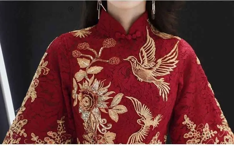 Китайское кружевное свадебное платье для невесты Qi Pao, китайские свадебные платья в традиционном восточном стиле, Qipao, красные длинные вечерние платья Cheongsam, платье с вышивкой