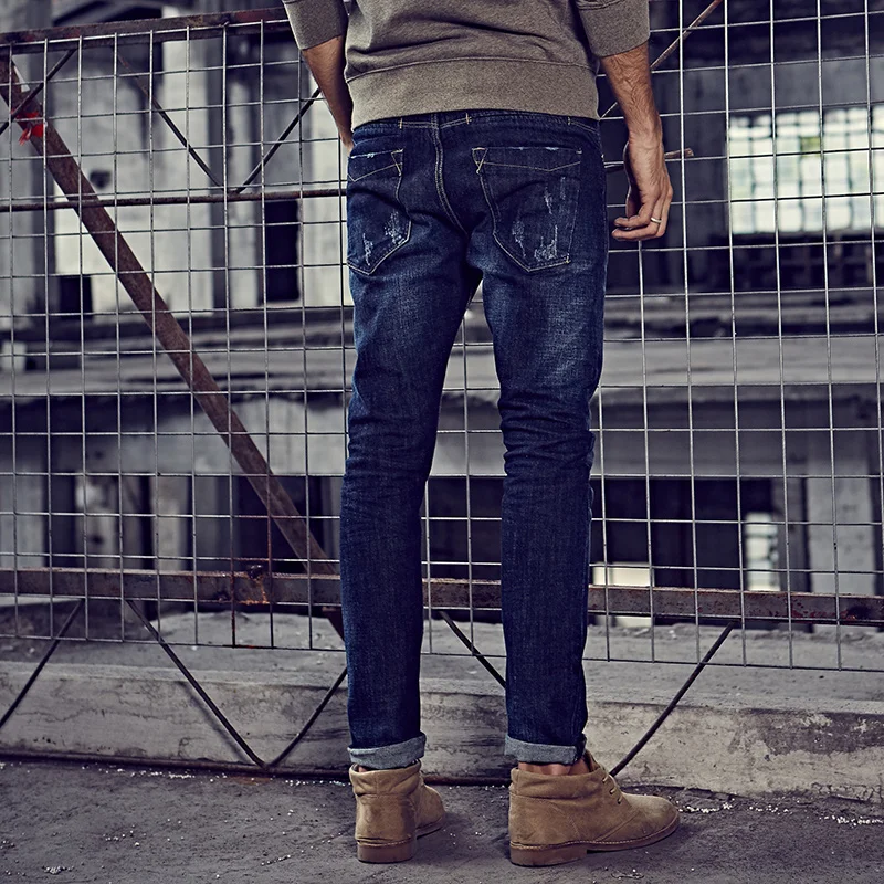 Autumn Men Jeans Cotton Patchwork Blue Color Pocket For Man Fashion Slim Fit Denim Pants 2018 New Male Wear Long Trousers 9396