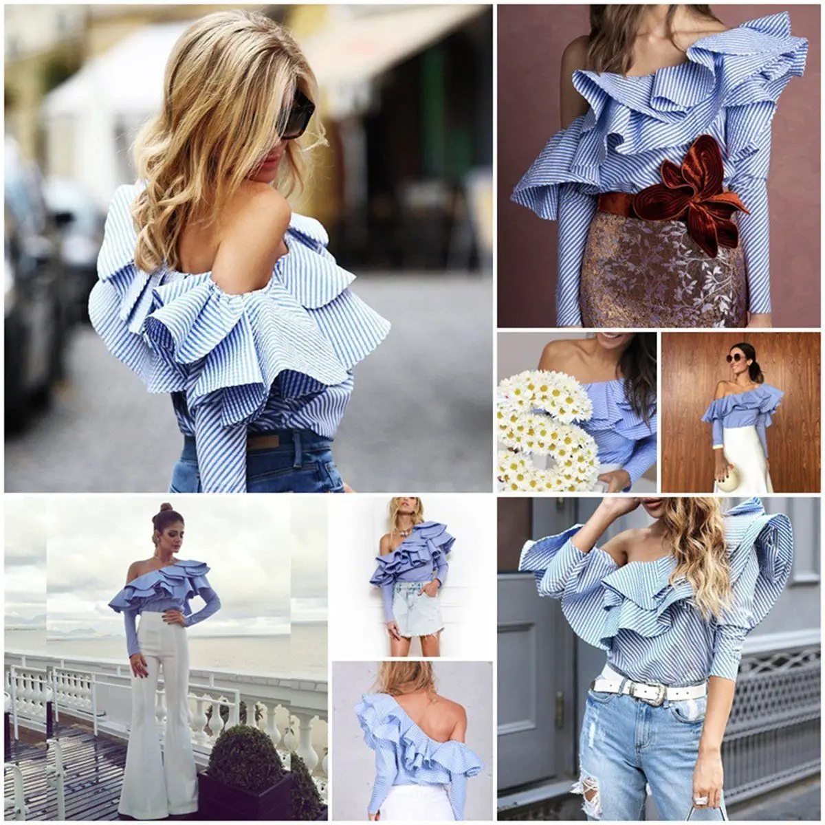 Fashion Womens blue white striped One Shoulder Blouse Ruffles Long Sleeve Casual women's shirt blouses top plus size S to 2XL