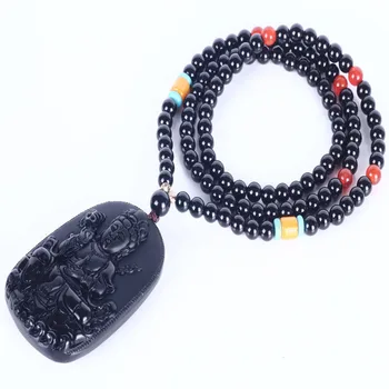 

Sennier natural obsidian stone beads necklace 6mm 108 Tibetan Buddhist mala prayer bracelet with Buddha head Pendant