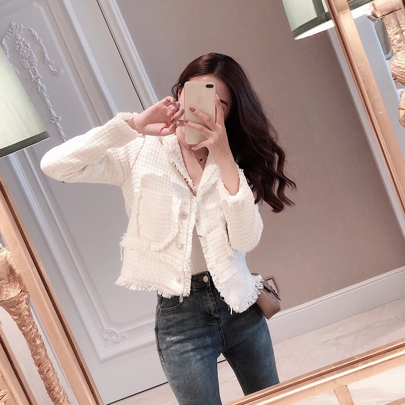 low cost  2019 Autumn Winter New Ladies White Slim Tweed Jacket Coat Women's Single-breasted Long Sleeve Coat