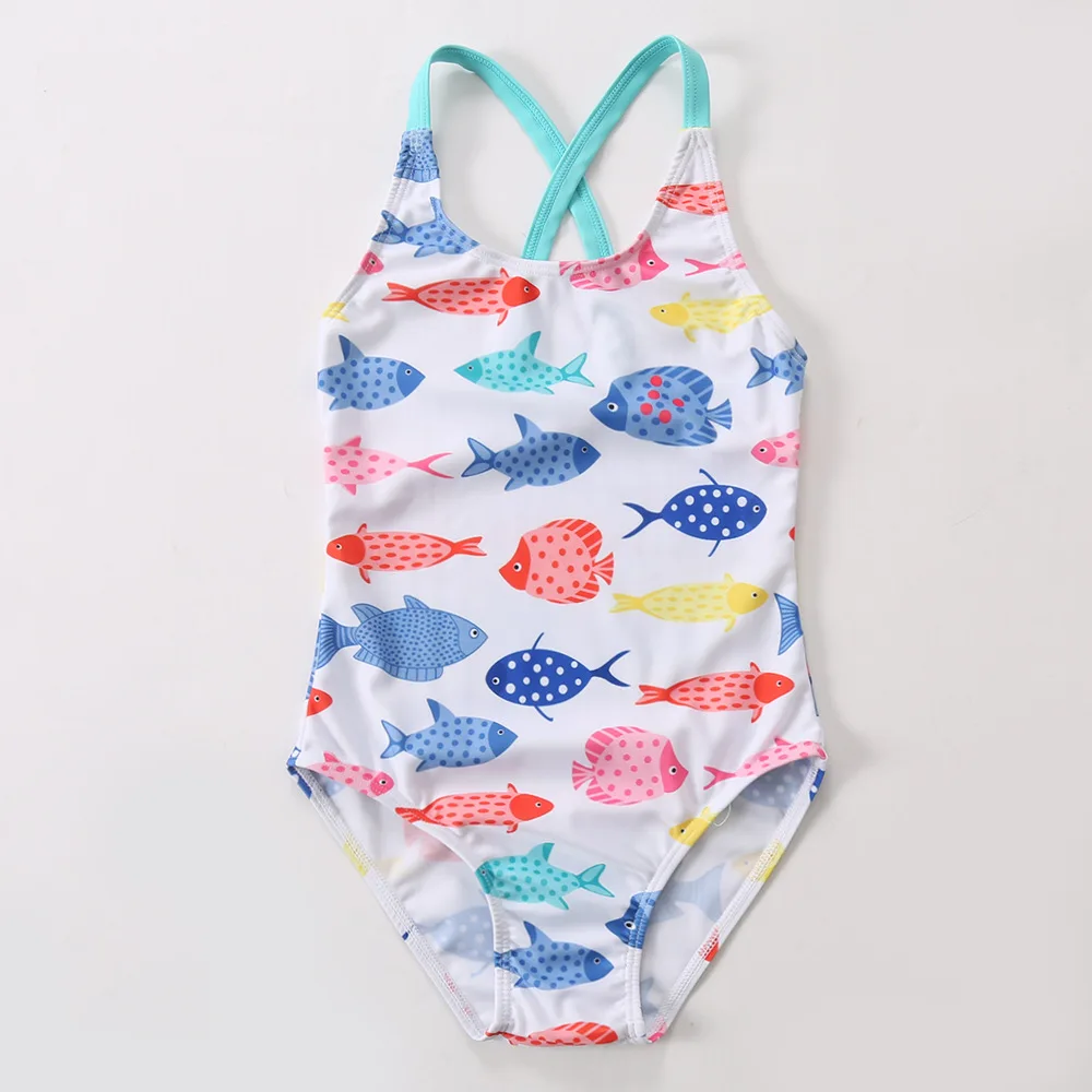 

Baby Girls Swimwear One Pieces Cartoon Fishes Printed Kids Clothing Sleeveless Suspenders Beach Swimsuits