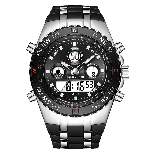 Новые модные мужские кварцевые часы с силиконовым ремешком для спорта на открытом воздухе мужские s наручные часы с двойным дисплеем водонепроницаемые GOLDENHOUR Relogio Masculino - Цвет: Black Silver Black