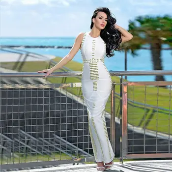 

Wholesale New Long Dress Black White Beading Tight Bandage Dress Elegant Sleeveless Celebrity Cocktail Party Dresses Vestidos