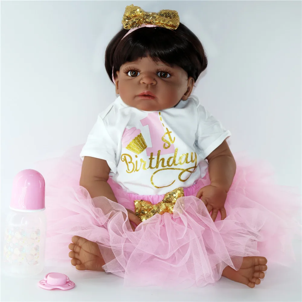 

Full silicone reborn baby black doll 23"57cm newborn girl princess babies NPK doll toy gift bebe DOLL com corpo de silicone