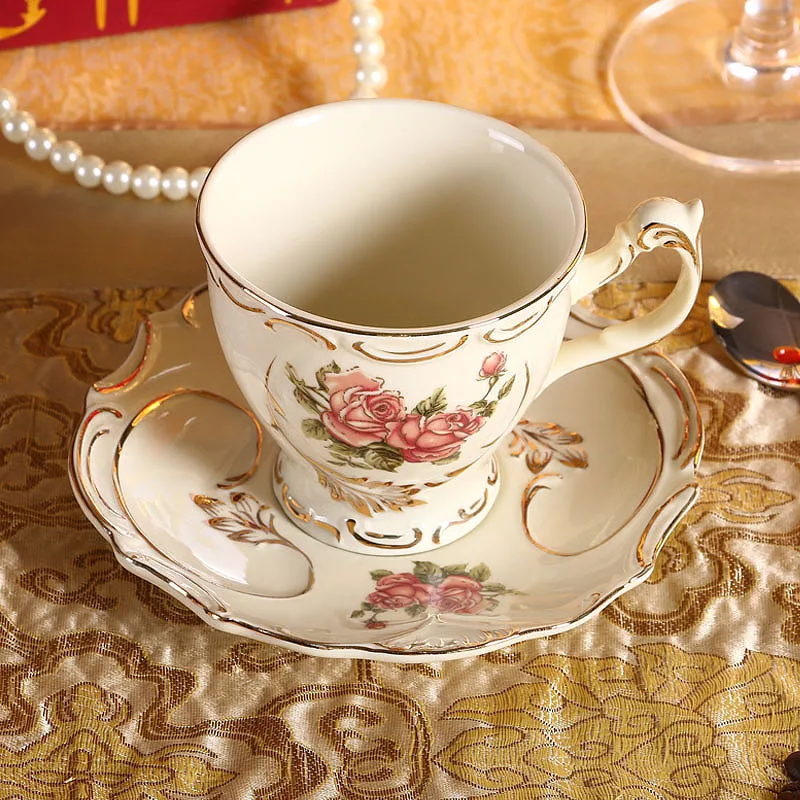 GLLead Европейский стиль слоновая кость фарфоровая кофейная чашка и блюдце контур в золотом чайная чашка из фарфора черные чайные чашки с ложкой набор