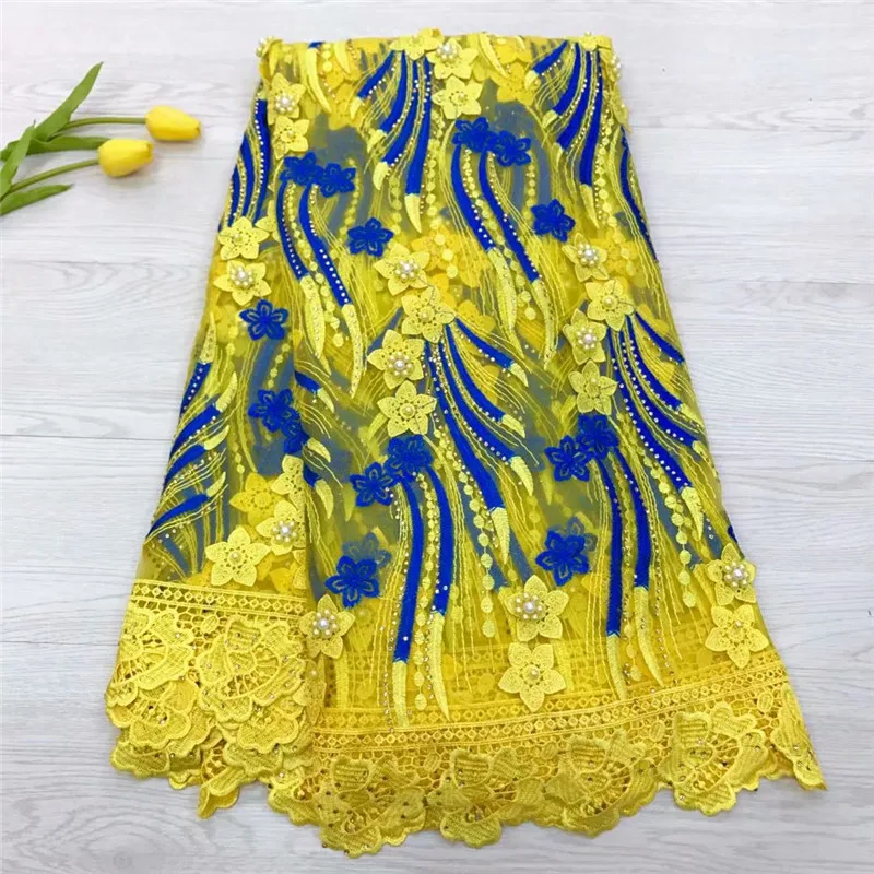 

latest african tulle lace fabrics high quality 2018 yellow lace with 3D flower french lace fabric with stones and beads F1197
