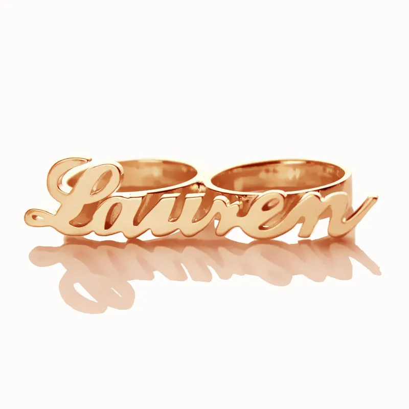 

AILIN Freeshipping -Personalized Carrie Style 2 Finger Rose Gold Color over Silver Name Rings Couples Name Ring Custom Jewelry